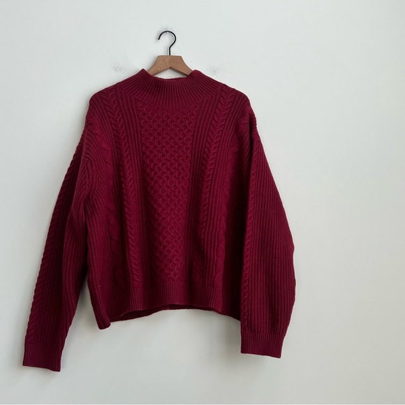 New Banana Republic Burgundy Turtleneck Cable Knit Sweater Wool XXL Fisherman - Picture 2 of 10